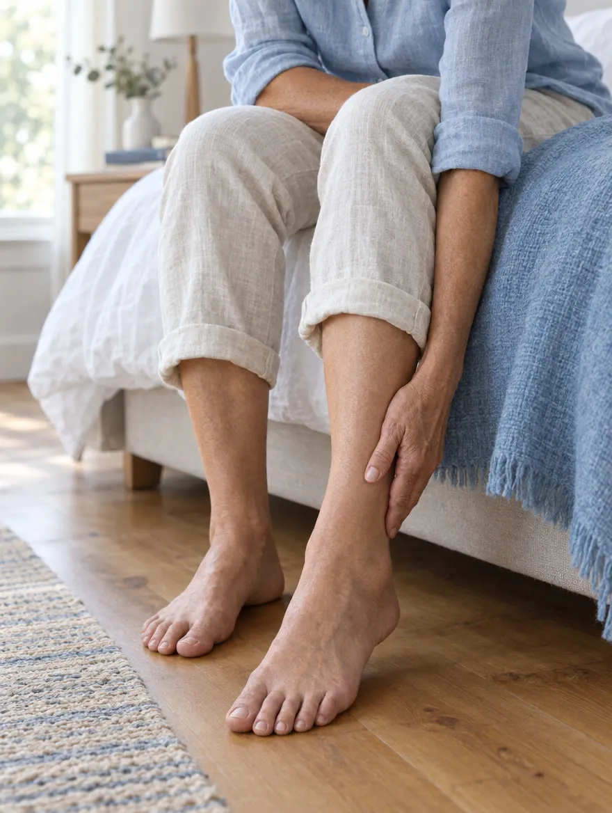 Person sitting on a bed and checking a swollen ankle